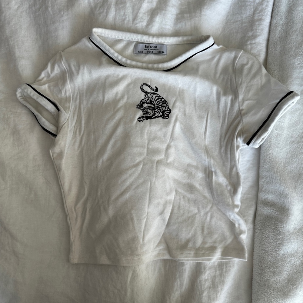 Bershka White Tee with Black Tiger Embroidery